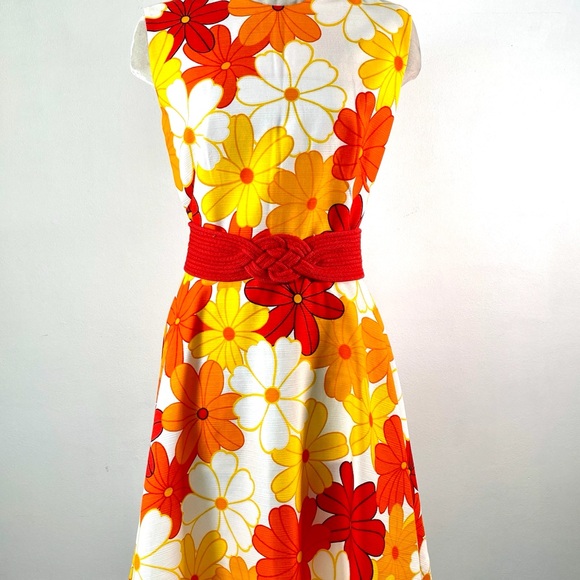 Vintage 70s Bright Floral Pique Cotton Dress Red Orange Yellow Skater Skirt M - Picture 2 of 6